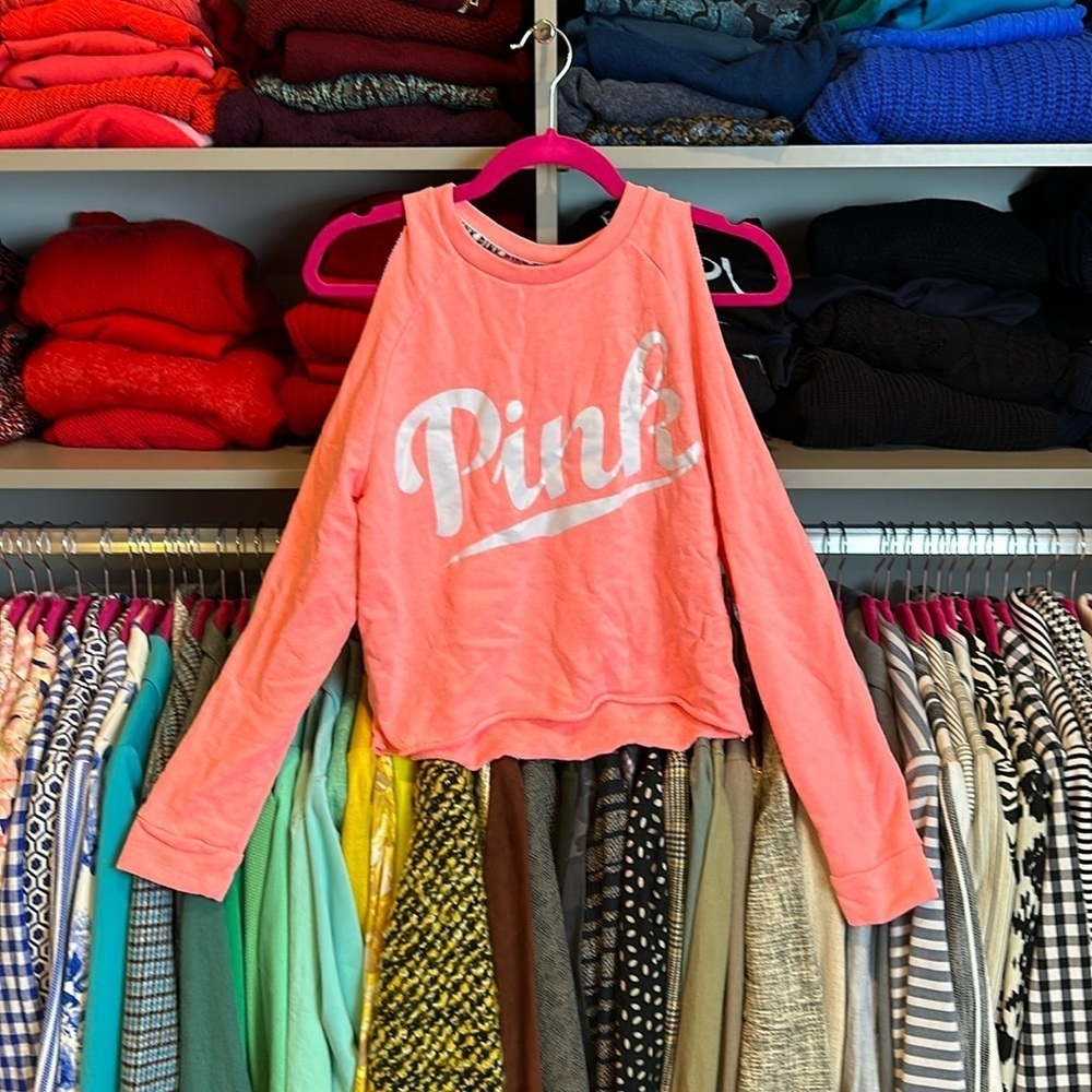 PINK fluorescent coral/white cold shoulder sweatshirt size XS